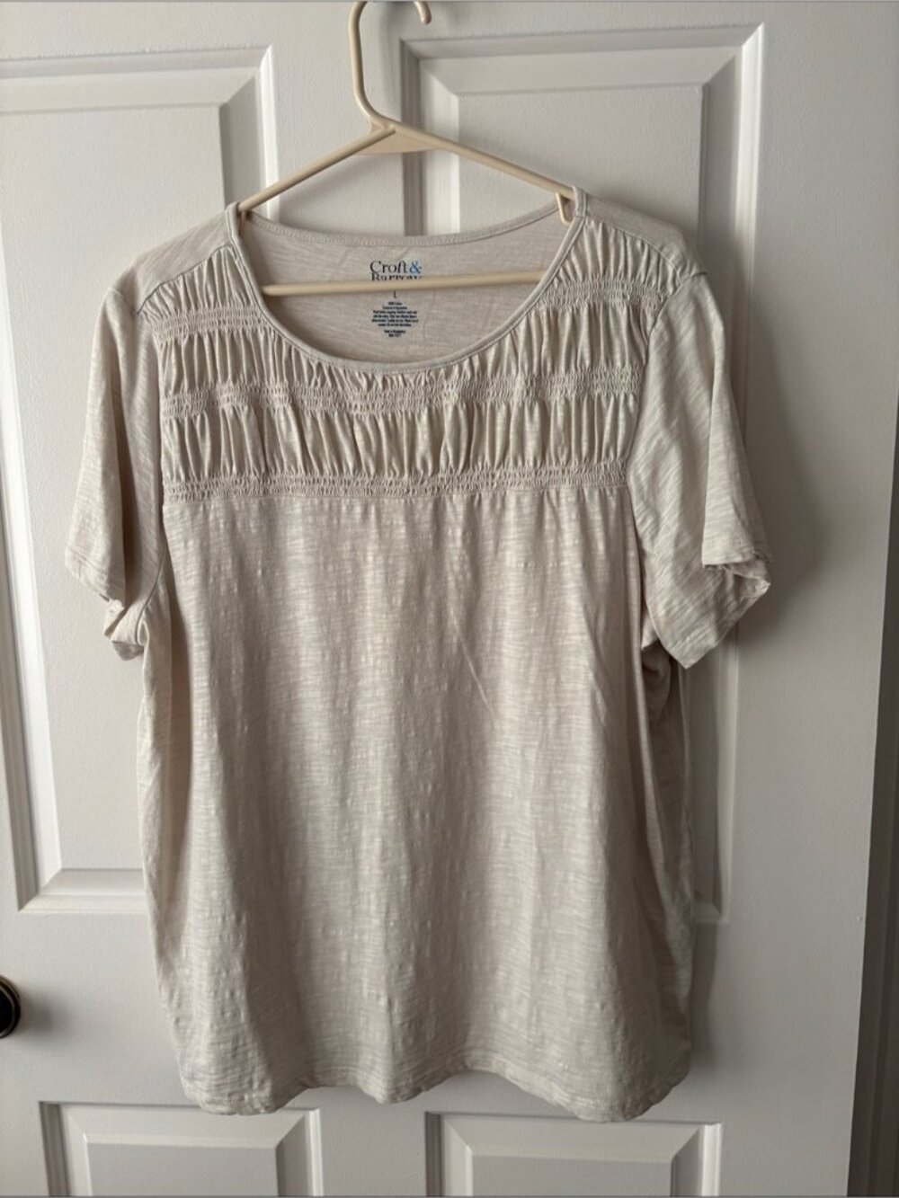 Cream Short-Sleeve Smocked Yoke Top